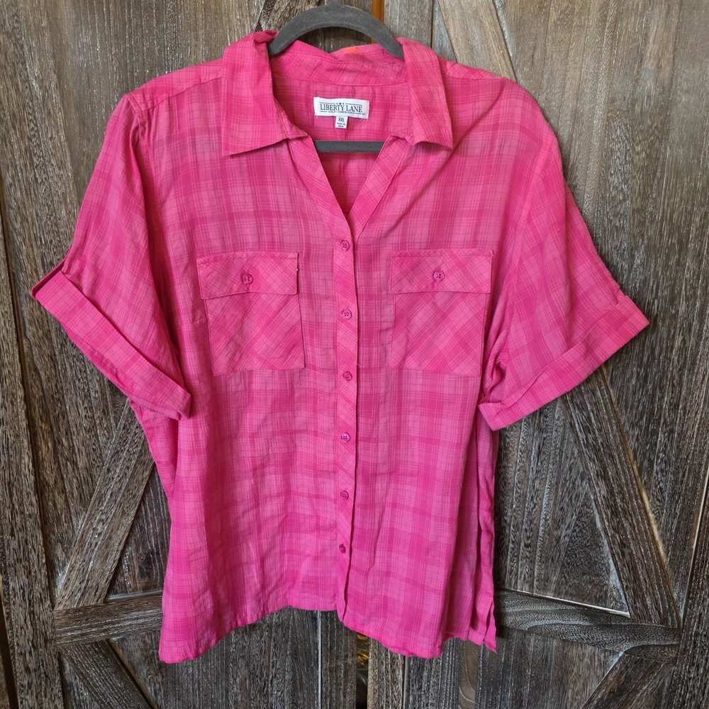 Liberty Lane Shirt Women's Size XXL Hot Pink Plaid Short Sleeve Button Up Collar
